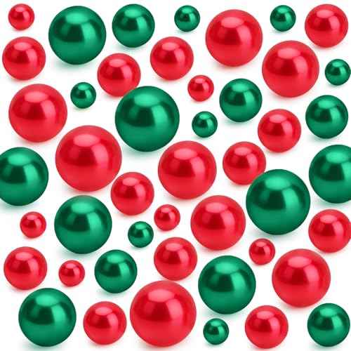 Vase Fillers Red Green No Hole Faux Pearl Beads180 Pcs, Christmas Party Decorations Centerpiece Vase Fillers, Floating Beads for VasesTable Decorations for Birthday Wedding Party 8/14/18/20mm