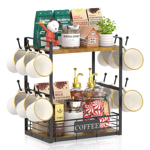 EsLuker.ly Vintage Brown & Black 2-Tier Coffee Mug Holder Tree with 12 Hooks – Countertop Organizer & Display Rack