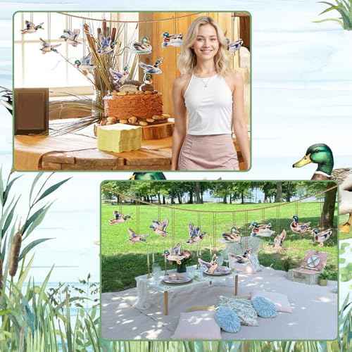24 PCS Mallard Duck Theme Hanging Ornaments Wooden, Duck Hunting Wood Cutouts Hanging Pendant Home Ceiling Decor, Lucky Duck Birthday Baby Shower Party Christmas Tree Decorations