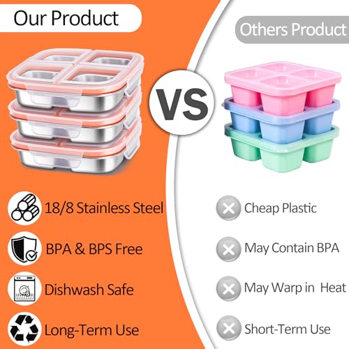 3-Pack Stainless Steel Snack Containers with 4 Compartments - 20 oz Kids Lunch Boxes