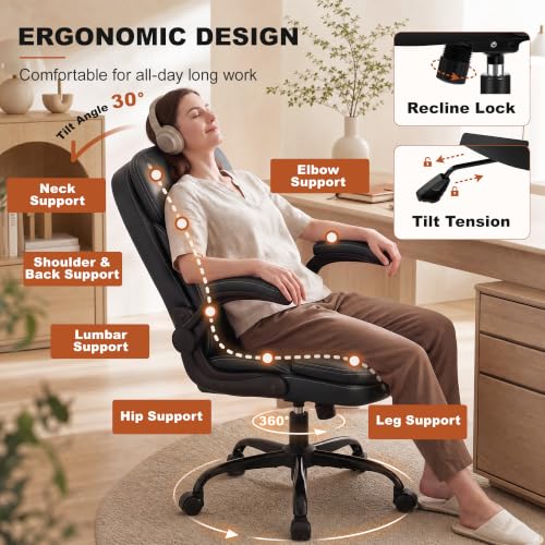 Leather Office Chair with Dual Back Support - Black, Adjustable & Swivel - Stella Mia