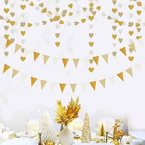 White-Gold Champagne Party-Decorations Banner,2 Pack Christmas Wedding Engagement Hanging Paper Triangle Pennant Flags Streamers,Bachelorette Neutral Baby Bridal Shower Supplies Decor Lasting Surprise