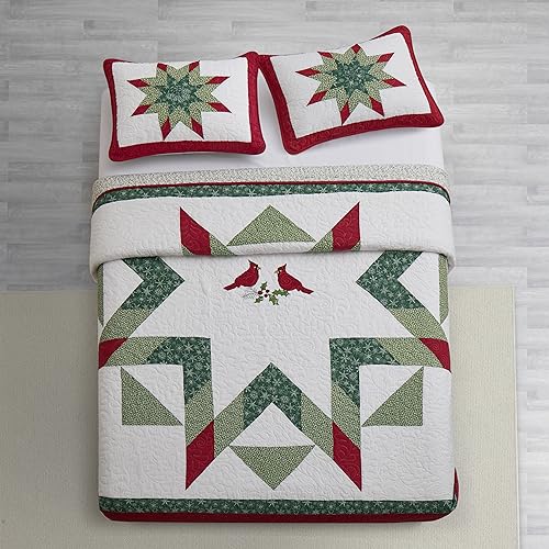 King Size Christmas Quilt Bedding Set 106x96 Cotton 3-Piece White Red Green