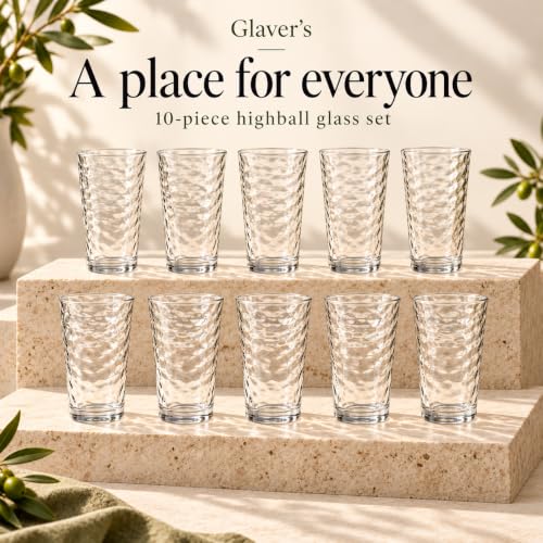 17 oz Highball Glasses Set of 10 - Tempered, Stackable, Dishwasher Safe, Lead-Free Drinkware