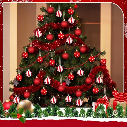 Lenwen 54pcs Red & White Christmas Ornaments Candy Dot & Stripe Mini Balls 1.18"