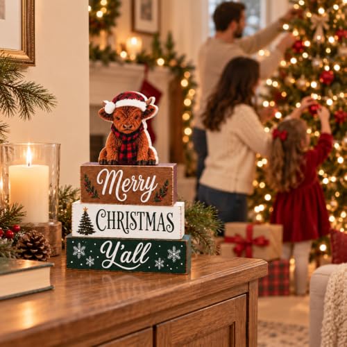 Farmhouse Highland Cow Christmas Tiered Tray Decor - Rustic Wooden Sign
