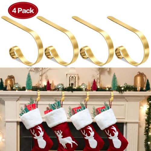MSHALADE Gold Christmas Stocking Holders for Mantle - Set of 4, Heavy Duty Iron Stocking Hangers