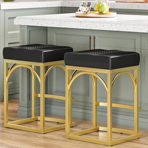 Gold and Black Bar Stools Set of 2 - Counter Height Velvet & PU Upholstered Chairs