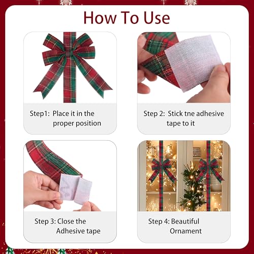 10 Pcs Red Green Plaid Christmas Cabinet Door Ribbon Bows Large Bow