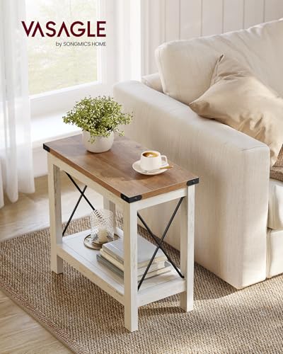 Rustic White and Honey Brown 2-Tier End Table with Shelf - Small Accent Nightstand