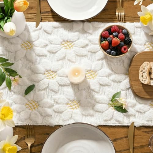 Artoid Mode 13" x 120" White Faux Fur Sunflower Table Runner for Home & Dining
