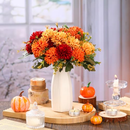 Artificial Fall Flowers Chrysanthemum Ball - Burnt Orange 12 Pcs, Autumn Faux Mums