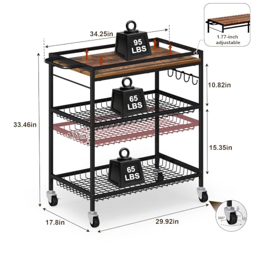 Microwave Kitchen Cart - 29.92"W x 17.8"D x 33.46"H 3-Tier Mobile Utility Cart with Lockable Wheels