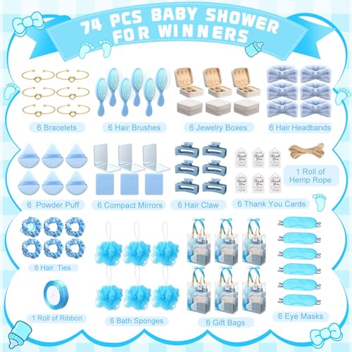 Baby Shower Prizes Set for Game Winners Blue - 74 Pieces Baby Shower Favors Gifts with Hairbrush Jewelry Box & Gift Bag - Vari Variation Blue