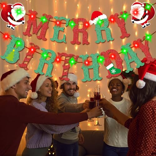 Christmas Birthday Party Banner with Lights - Merry Christmas & Birthday Decorations