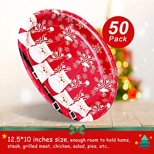 Tyzarglef 50 Count 10x12.5in Red Christmas Oval Paper Plates - Disposable Dinner Platters
