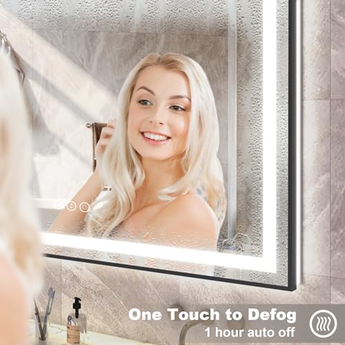 OKPAL Matte Black 24x32 LED Bathroom Mirror with Front & Backlit Dimmable Anti-Fog