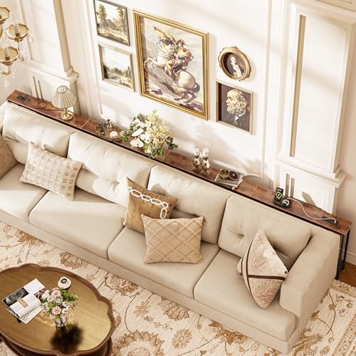 Rustic Brown 141.7 Inch Sofa Table with Power Outlets Behind Couch
