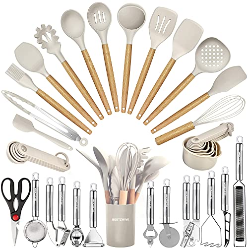 BESTZMWK Khaki 35-Piece Kitchen Utensil Set Silicone & Wooden Handles