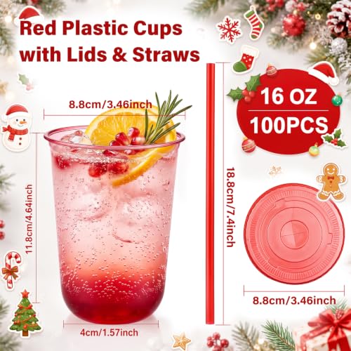 Red 16oz Cups with Lids & Straws - 100 Pack, 100 Lids & 100 Straws - BPA-Free PET
