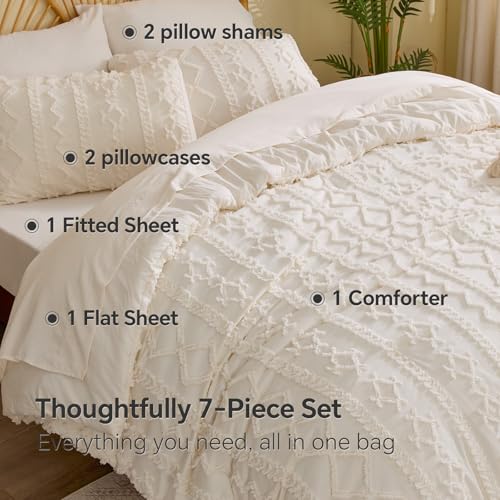 BEDELITE King Comforter Set 7 Pieces - Boho Cream White Bed in a Bag, King Size 102x90"