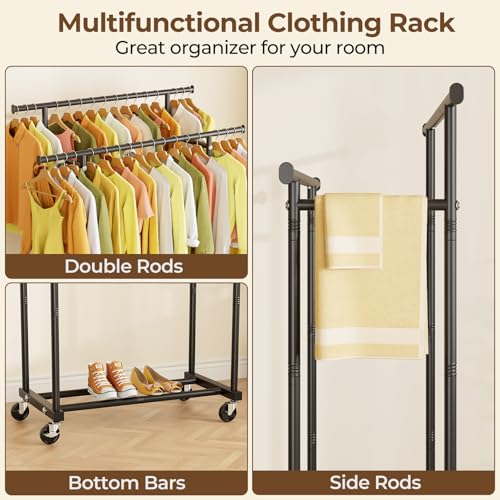 HYSEYY Double Rod Clothes Rack with Wheels, Black, 16.5"D x 44.3"W x 63"H, Portable Garment & Wardrobe Storage