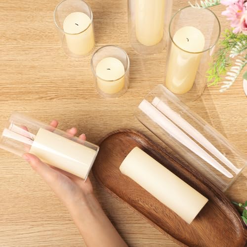 Ivory Glass Cylinder Vase Set with 12 Pillar Candles - 6 Sizes, Romantic Decor