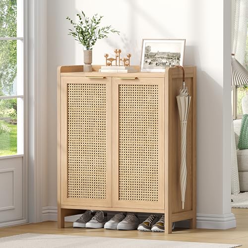 Rattan Shoe Storage Cabinet 5-Tier Entryway Organizer with Doors