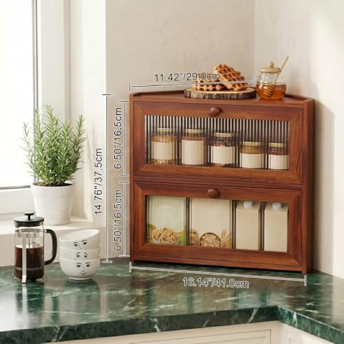 Brown Corner Bamboo Bread Box with 2 Tiers for Kitchen Countertop Storage - Space-Saving Organizer