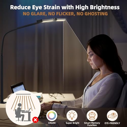 Motumen Black LED Desk Lamp for Home Office Eye-Care Clamp Light