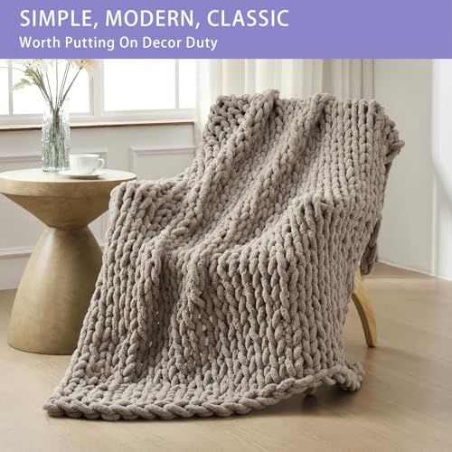 Bigacogo Chunky Knit Throw Blanket for Couch - Taupe with Pink Undertone, 80x90 Inches