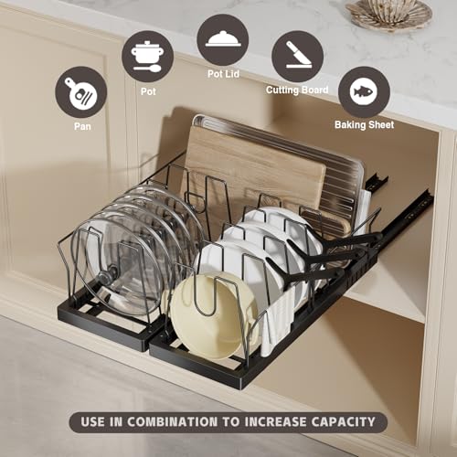 Magheo Black 2 Pack Expandable Under Cabinet Pot and Pan Organizer with Adjustable Dividers