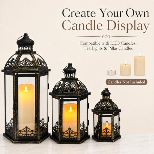 19/13.5/9.5-inch Set of 3 Black & Gold Metal Candle Lanterns with Tempered Glass - Indoor & Outdoor Decor