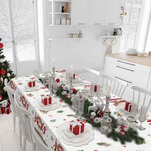 3Pcs Christmas Plastic Tablecloths, Disposable Rectangle Holly Garland Table Covers Joy to The World Poinsettias and Holly Berry Table Cloth for Xmas Winter Party Decorations and Supplies,54x108inch