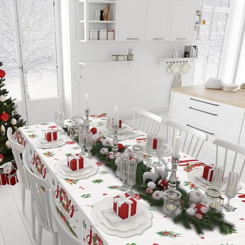 3Pcs Christmas Tablecloths Red White 54x108in Disposable Holly Berry Joy to the World