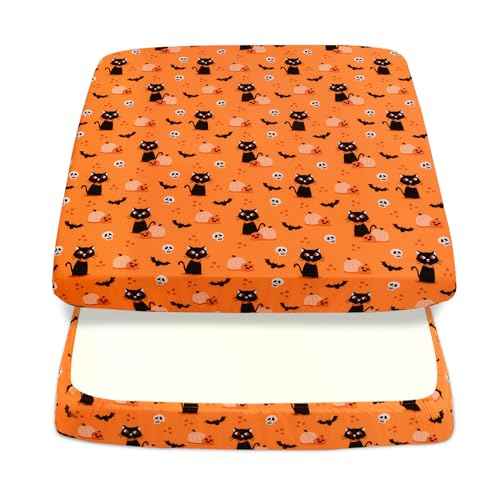 Cloele Halloween Pumpkin Square Playard/Playpen Fitted Sheets Perfect for 36 X 36 Portable Playard Mattresses - Cat Square Pack and Play Crib Sheets Halloween Room Decoration Playpen Sheet for Baby