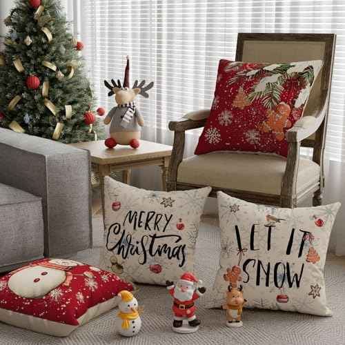 Merry Christmas Pillow Covers Snowman Trees Cookies Snowflakes Throw Pillow Cases Set of 4 Xmas Winter Decorations for Farmhouse Home Sofa Couch Cushion Cover Party Holiday Decor 18x18 Inch