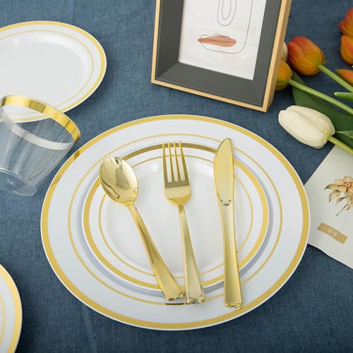 Disposable Plastic Dinner Plates - White & Gold, 10-Inch, Heavy Duty, 600PCS - Gold Variation