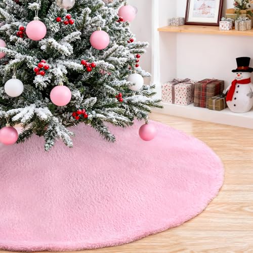 Pink Faux Fur Christmas Tree Skirt 48 Inch Large Holiday Decor - B-COOL