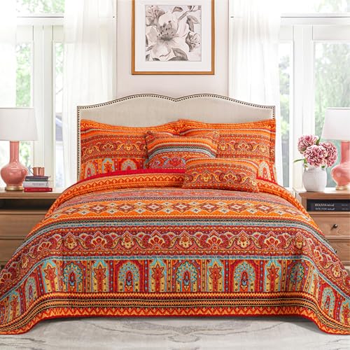 California King Size Quilted Bedding Set with Striped Red-Orange Design - 100% Cotton Face