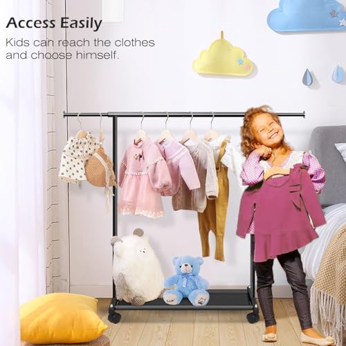 MISSLO Black Short Clothing Rack with Shelves & Wheels - Space-Saving Wardrobe, Kids & Adult Use