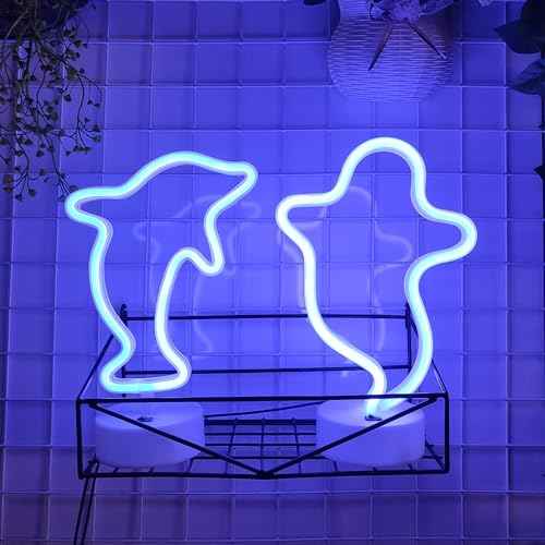 JYWJ Neon Signs with Holder Base,USB or 3-AA Battery Powered Neon Light,LED Desktop Wall Decoration,Various Parties,Decoration of Business Premises(Ghost)
