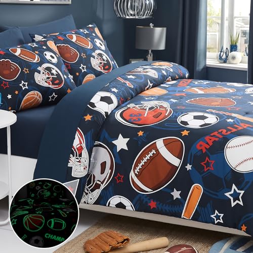 Wink Deer Glow in the Dark Twin Comforter Set for Boys - Sports Ball Pattern, 5 Pieces, Bedtime Glow Environment