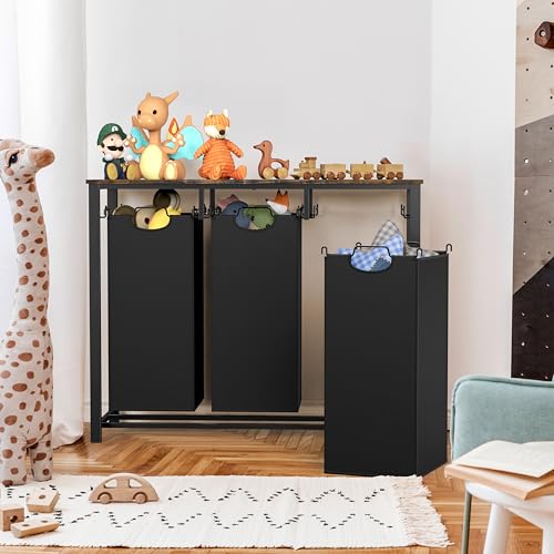 Laundry Sorter with Tabletop Shelf - 3-Section Fabric Hampers, Rustic Brown