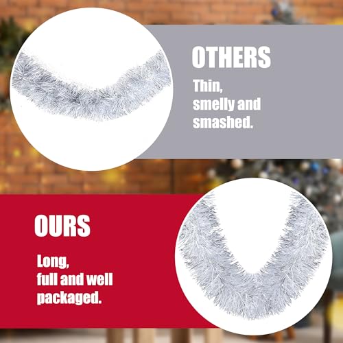 Sggvecsy 32.8Ft Christmas Tinsel Garland Xmas Tree Decorations Christmas Silver & White Metallic Twist Garland Ceiling Hanging Decorations for New Year Party Birthday Holiday Indoor Outdoor Supplies