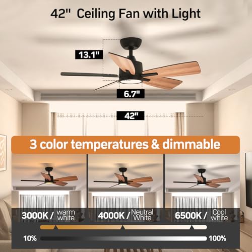 TALOYA 42 Inch Black Ceiling Fan with Lights Remote Control Dimmable Reversible DC Motor
