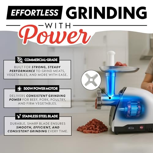 Gourmia 500W Electric Meat Grinder with Sausage Stuffer & Stainless Steel Plates