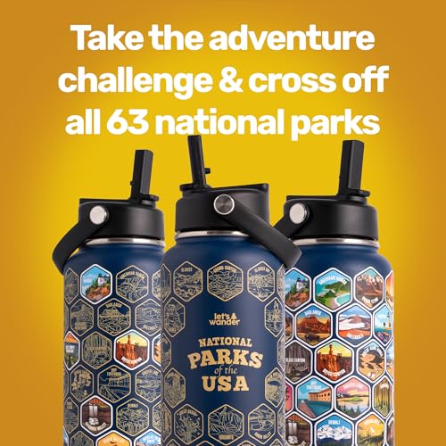 Let's Wander National Parks Water Bottle Bundle - Blue, 32oz with 63 Stickers & Dual Lids