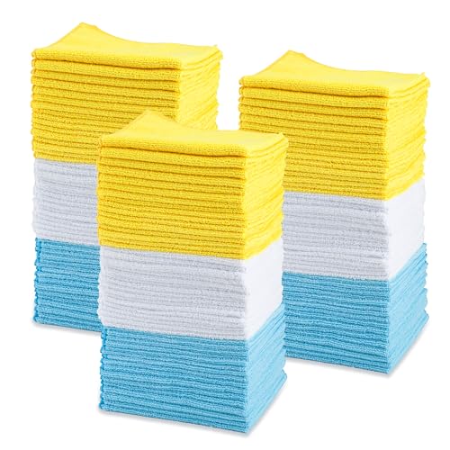 Car Microfiber Cleaning Cloths - 16x12 Inch Reusable Detailing Towels - Blue/White/Yellow, 144-Pack