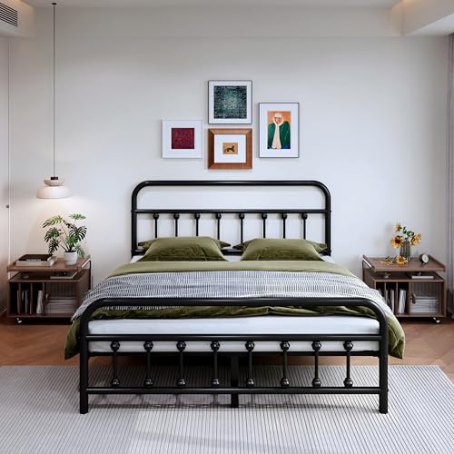 Henshwon 14-Inch King Victorian Metal Bed Frame with Storage, Heavy Duty Sturdy Platform Bed, Black, Easy Assembly